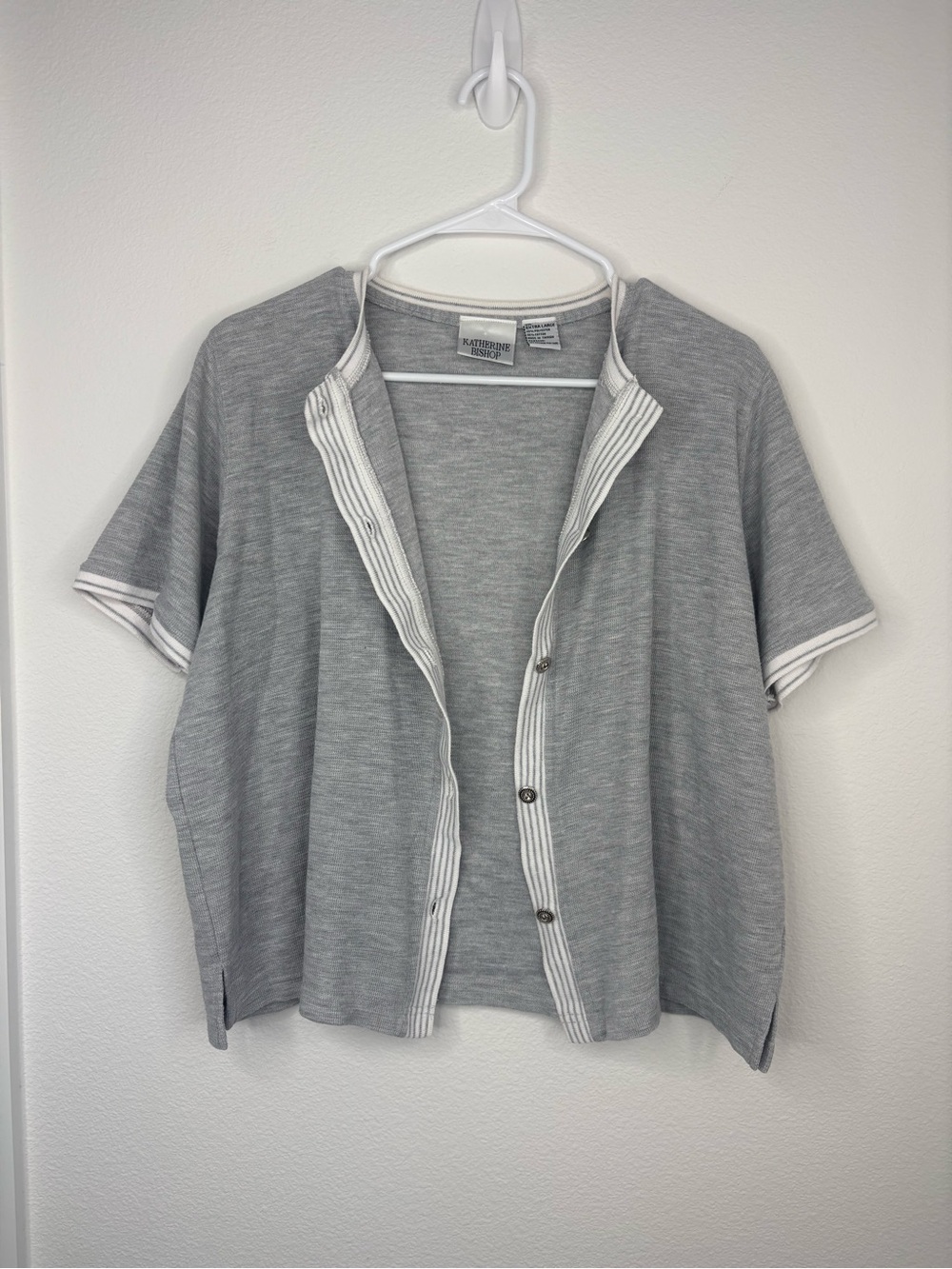 Katherine Bishop Grey & White Buttoned Short-Sleeved Cardigan